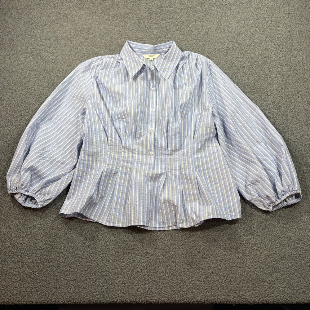 Max Studio London Blouse Womens XL Blue Striped Peplum Smocked Balloon Sleeve